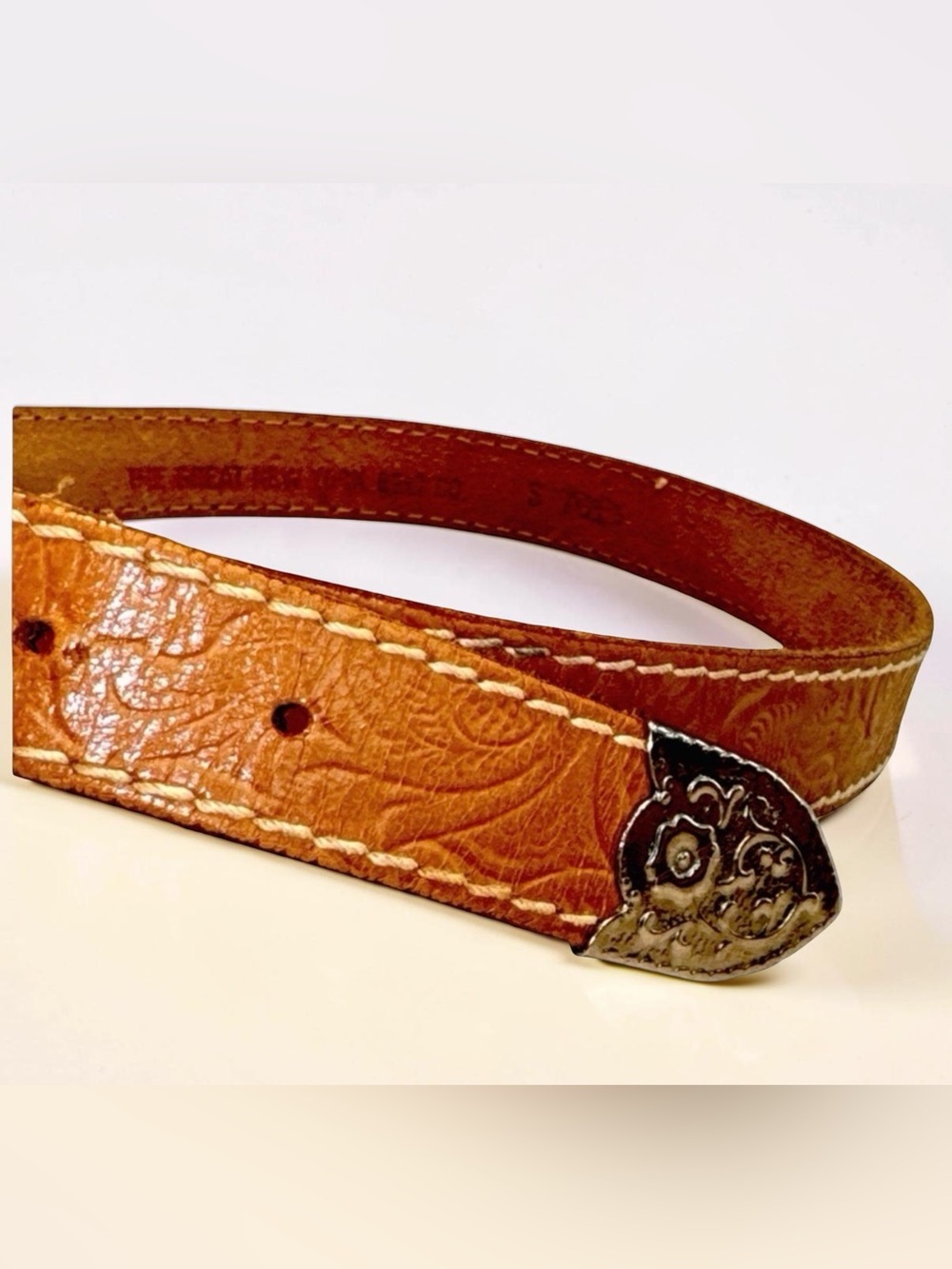 The Great NY Belt Company Western Leather Belt with Buckle. Tan, Silver. 32” - Picture 6 of 13